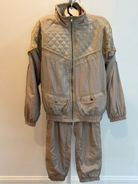 Vintage 90s Active Frontier Metallic Taupe Quilted Lightweight Jacket Tracksuit